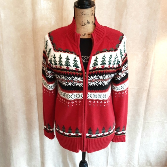 Vintage Classic Red Zip Knit Cardigan Winter Trees Sz S - Picture 1 of 12